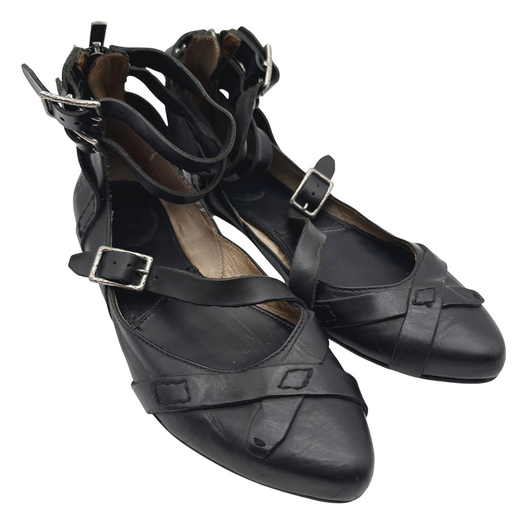 Frye Saffron Y2K Black Leather Pointed Toe Gladiator Strappy Cage Flats 8M